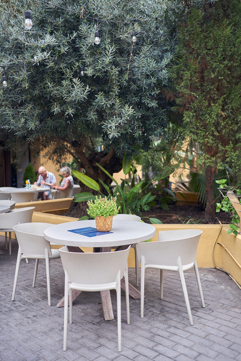 Terraza de Redondo en Boca con olivo, mesas blancas y comensales a la sombra